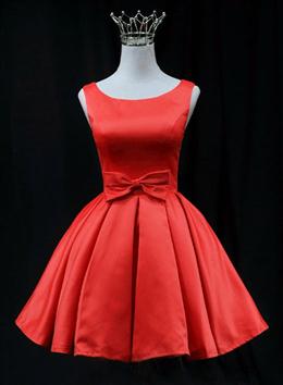 Picture of Cute Red Color Satin Short Party Dresses Prom Dresses, Red Color Round Neckline Homecoming Dresses
